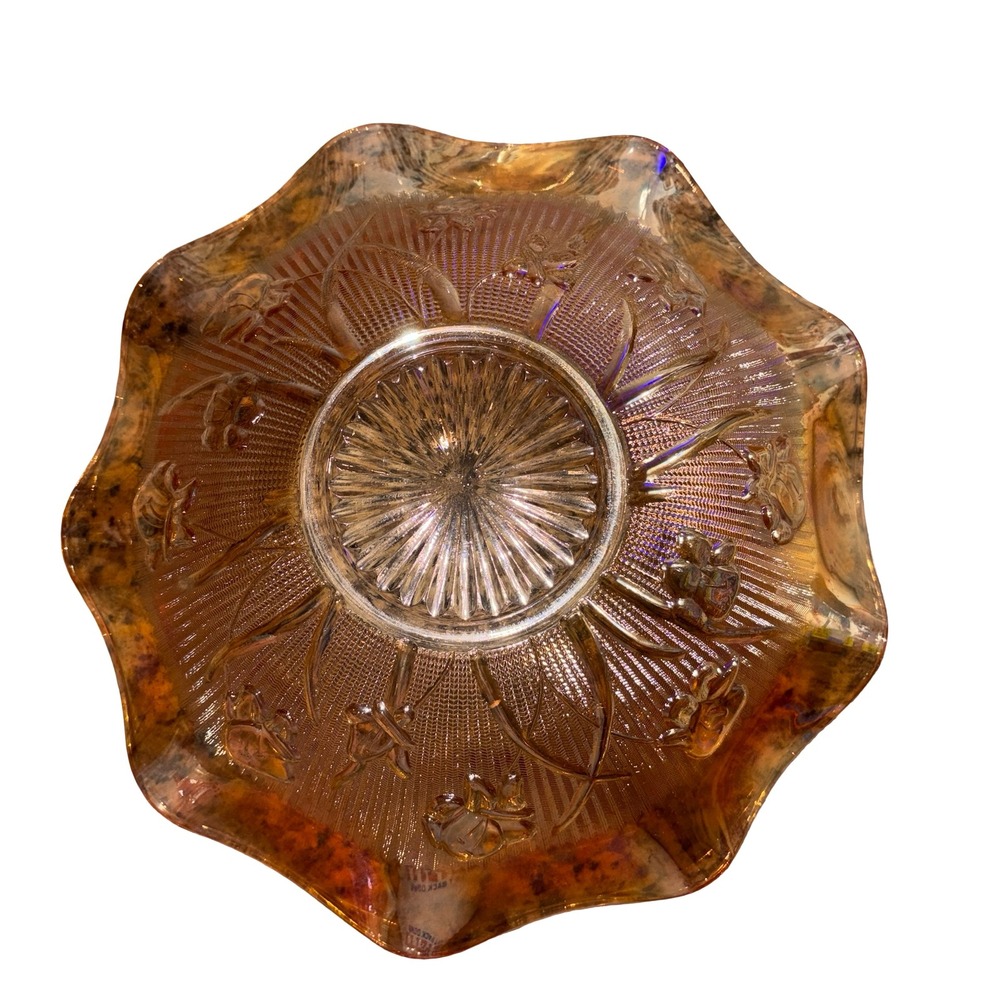 Vintage Marigold Carnival Glass Bowl Iris and Herringbone Ruffled Edge - Picture 3 of 3